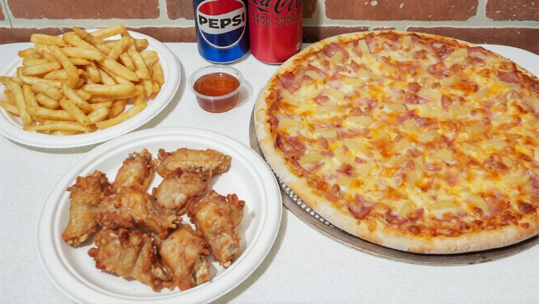 Bono Besties Box — medium pizza, wings, fries and drinks