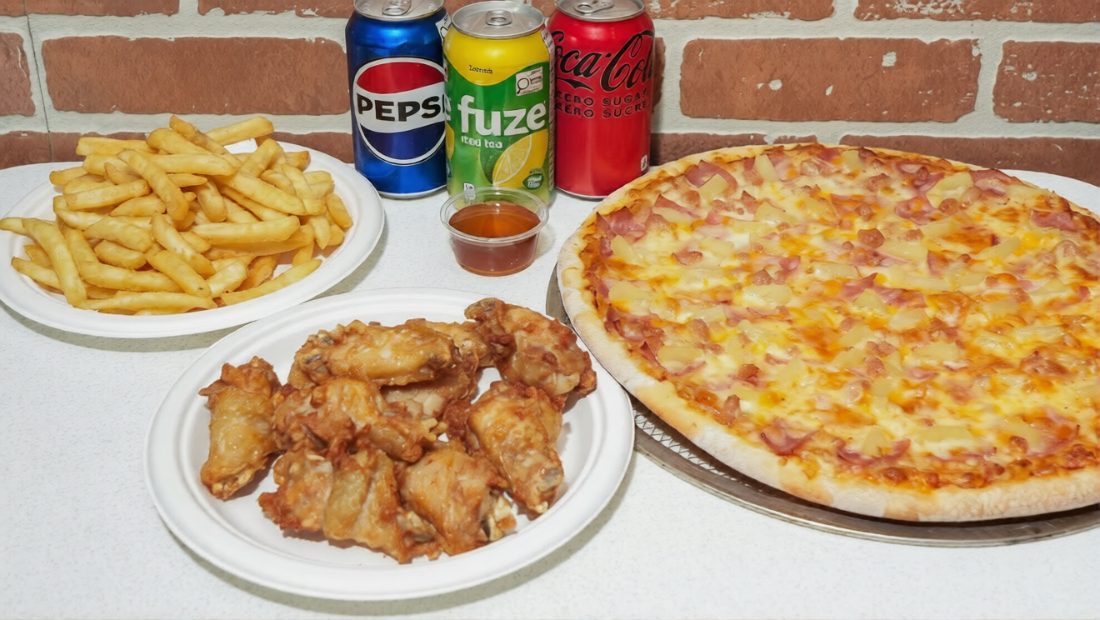 Bono Night combo — large pizza, wings, fries and drinks