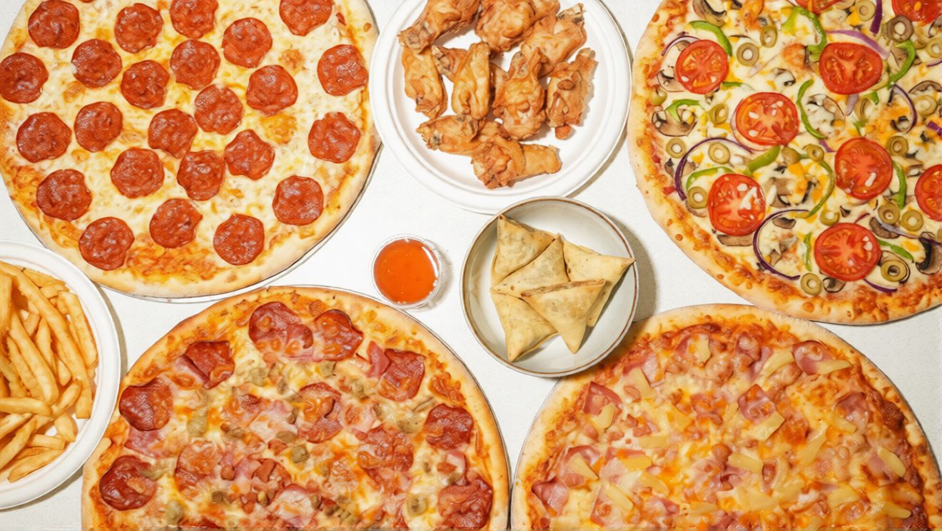 A spread of Pizza Bono pizzas, wings, salad and sides